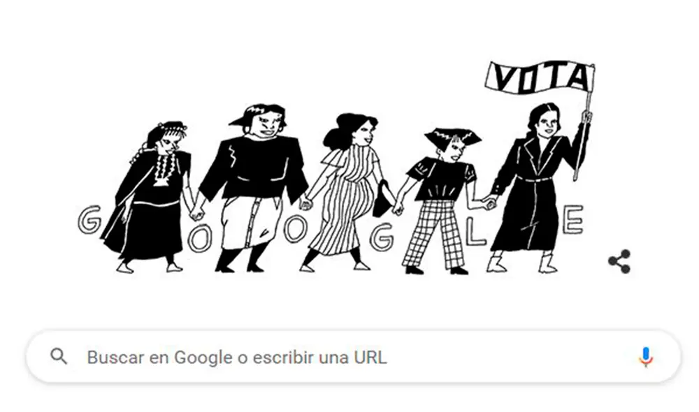 En el doodle ilustrado por Catalina Bu, se ve Elena Caffarena encabezando una marcha por el derecho al voto de las mujeres. Foto: captura de Google En el doodle ilustrado por Catalina Bu, se ve Elena Caffarena encabezando una marcha por el derecho al voto de las mujeres. Foto: captura de Google