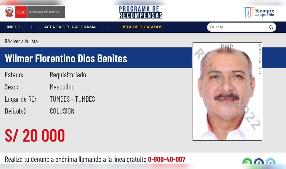 Ofrecen recompensa para cualquier ciudadano que dé pistas sobre la ubicación de Dios Benites. Foto: Mininter