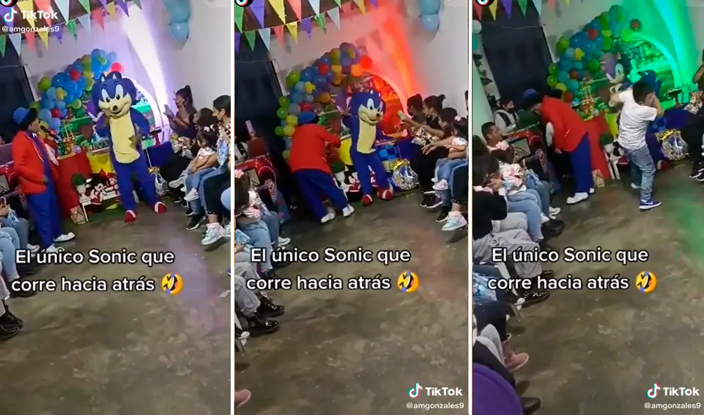 El hombre disfrazado de Sonic no se dio cuenta que la torta estaba detrás suyo y terminó derribándola. Foto: captura de TikTok