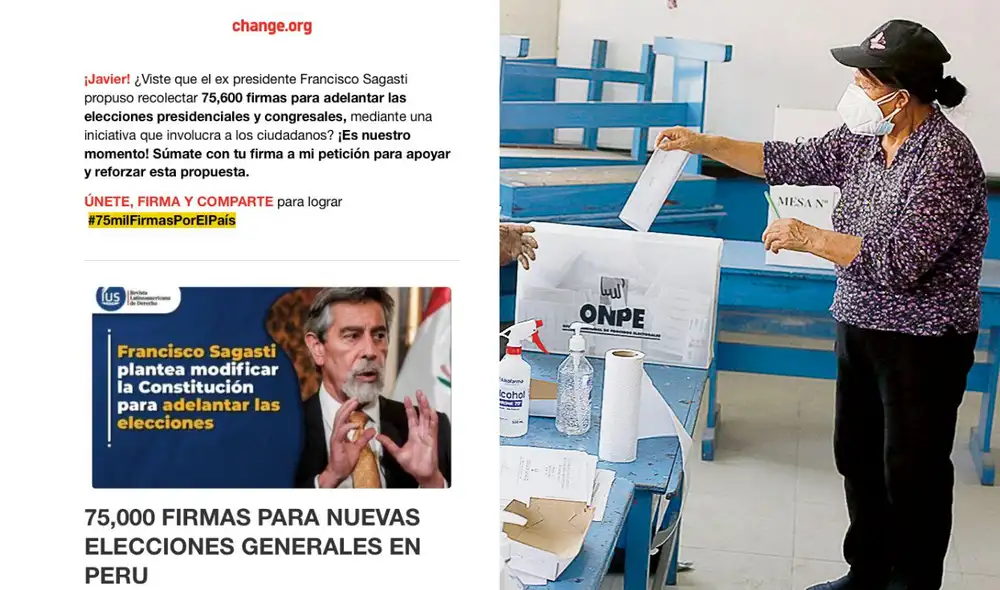 Publicación de change.org que pide firmas para apoyar propuesta de exmandatario Sagasti. Foto: composición captura de Facebook de Javier Rubio/Marco Cotrina de La República/