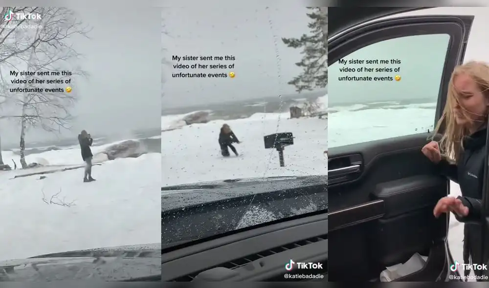 La joven perdió el equilibrio por correr en la nieve. Foto: captura de TikTok