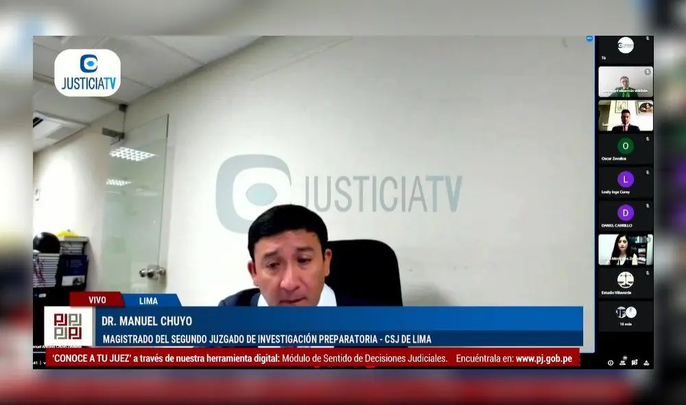 Juez Manuel Chuyo evaluó el requerimiento de la fiscal anticorrupción Karla Zecenarro por el caso Provías. Foto: Justicia TV. Juez Manuel Chuyo evaluó el requerimiento de la fiscal anticorrupción Karla Zecenarro por el caso Provías. Foto: Justicia TV.