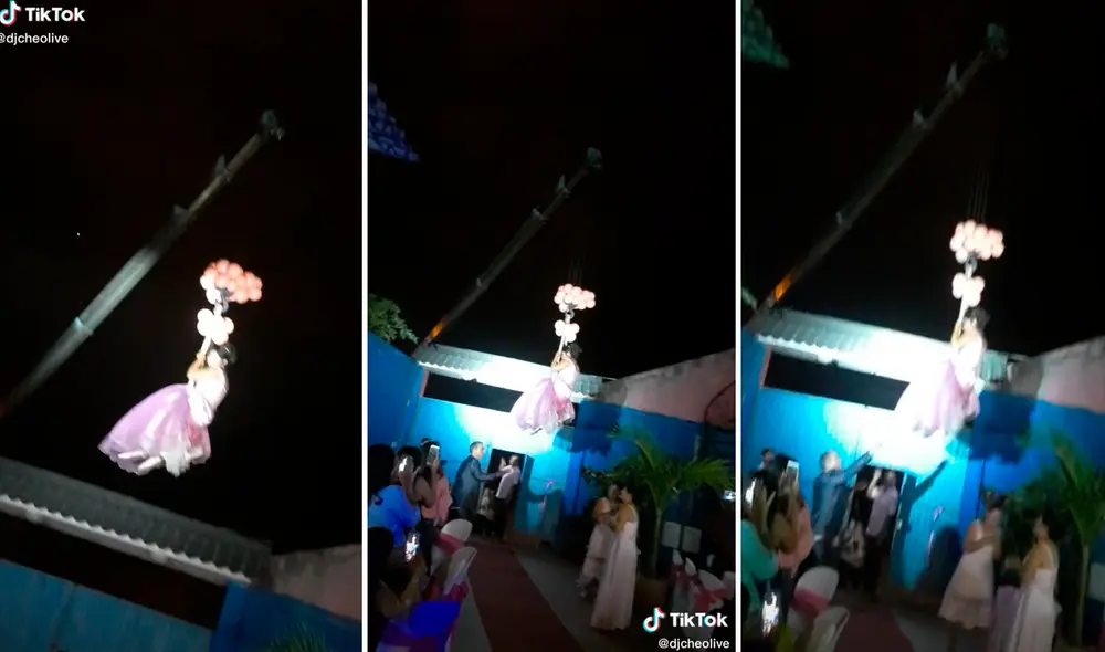 La joven llegó a su fiesta de 15 años colgada de una grúa. Foto: captura de TikTok
