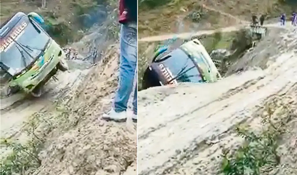 Accidente. Las lluvias anegaron la vía hacia Huaracillo, Huánuco, y este bus rodó 50 metros. Foto: composición/ difusión