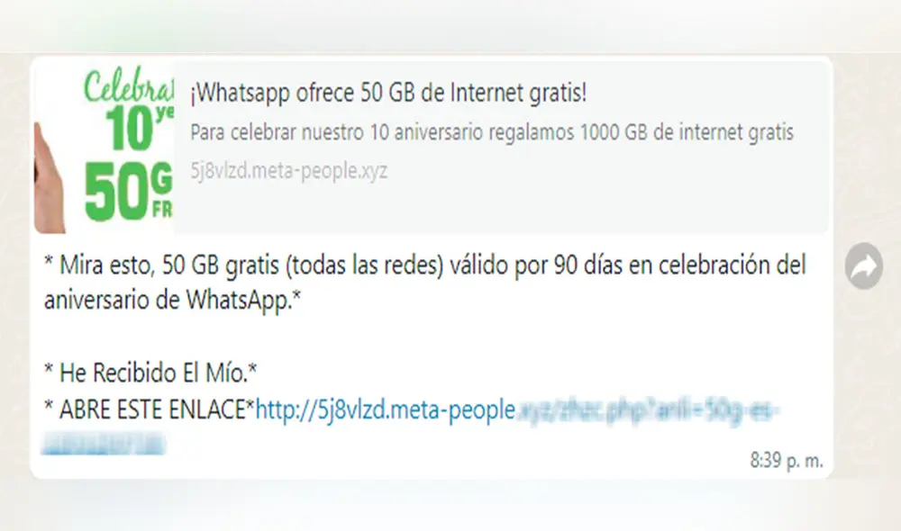 No abras este link si te lo envían por WhatsApp. Foto: ESET