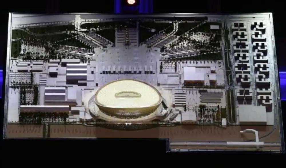 El plano del diseño del estadio y alrededores de Lusail, que acogerá el partido inaugural y final del Mundial de fútbol de 2022. Está inspirado en unos faroles árabes llamados "fanar". Foto: EFE.