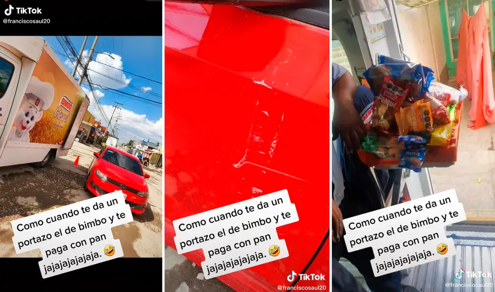 El chofer del camión no lo pensó dos veces para darle los productos al dueño del auto por los daños generados. Foto: captura de TikTok El chofer del camión no lo pensó dos veces para darle los productos al dueño del auto por los daños generados. Foto: captura de TikTok