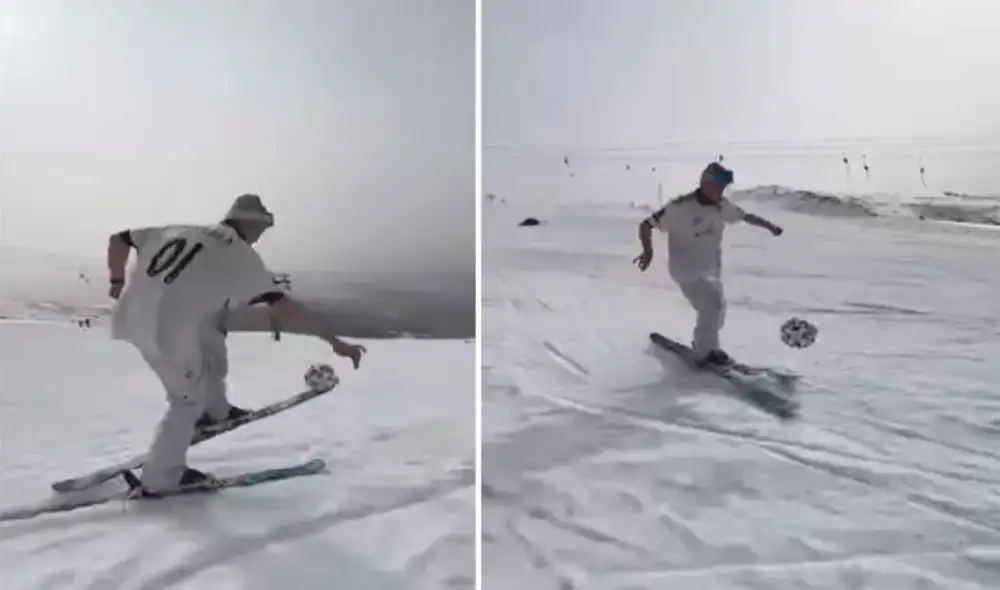 Hombre sorprende TikTok tras mostrar sus increíbles habilidades futbolísticas mientras esquía. Foto: captura de TikTok.