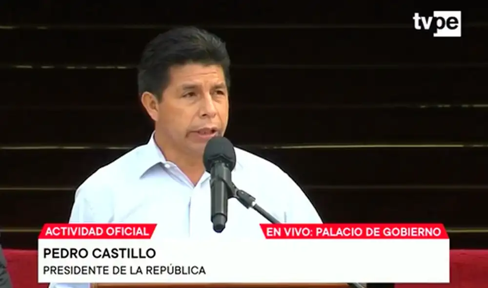Discurso de Pedro Castillo durante la entrega de patrulleros y motos lineales a la Municipalidad Provincial de Huanta en el Patio de Honor de Palacio de Gobierno. Foto: captura TV Perú Discurso de Pedro Castillo durante la entrega de patrulleros y motos lineales a la Municipalidad Provincial de Huanta en el Patio de Honor de Palacio de Gobierno. Foto: captura TV Perú