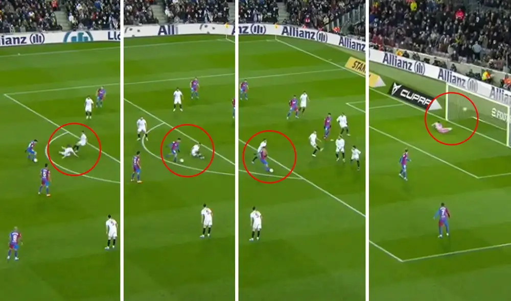 Pedri arrancó aplausos con esta gran jugada para su gol ante Sevilla. Foto: captura de DirecTV Sports