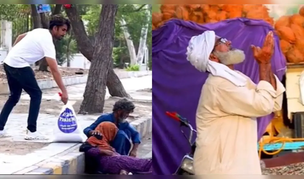 El joven dejando un pequeño saco lleno de comida. Foto: captura de TikTok
