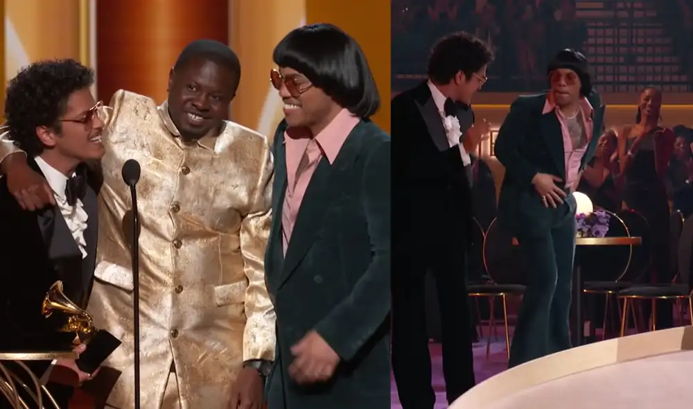 Silk Sonic triunfó en la noche de los Grammy con cuatro gramófonos. Foto: Grammy 2022/captura