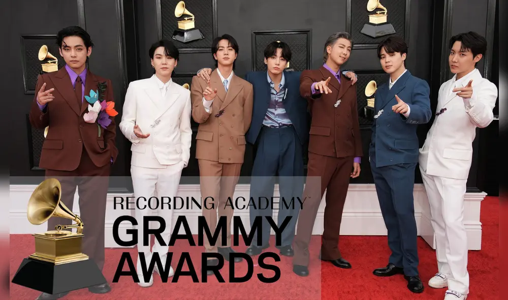 BTS en la red carpet de los Grammys 2022. Foto composición: Vogue.