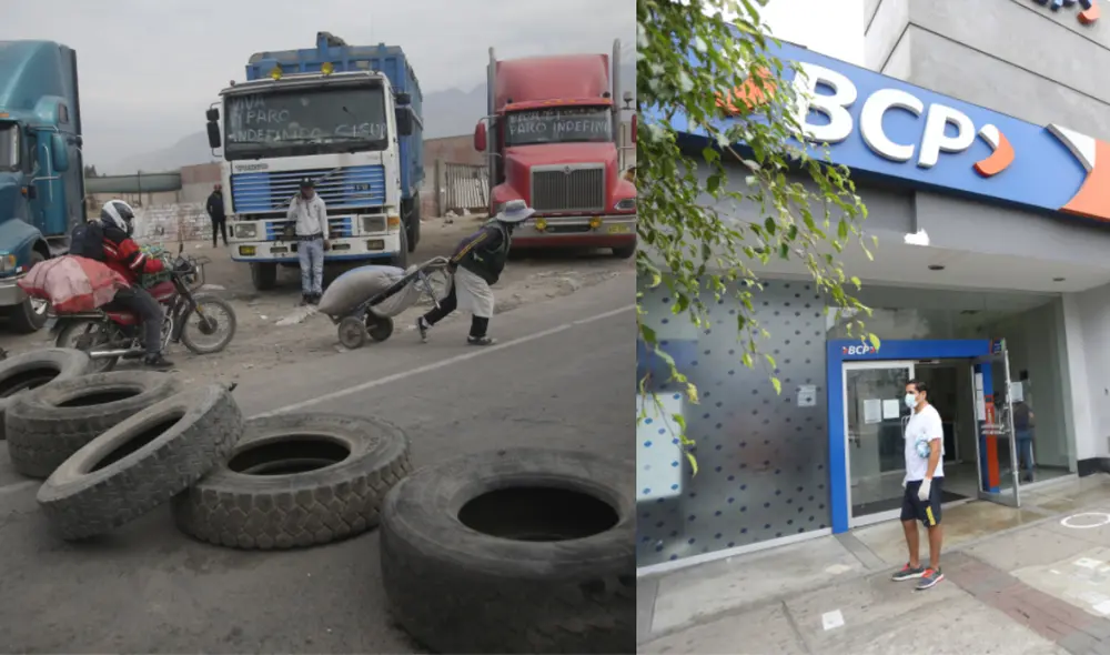 Conoce las instituciones que han suspendido sus labores de atención física al cliente a causa de las vías bloqueadas por las protestas de los transportistas. Foto: composición LR. Conoce las instituciones que han suspendido sus labores de atención física al cliente a causa de las vías bloqueadas por las protestas de los transportistas. Foto: composición LR.