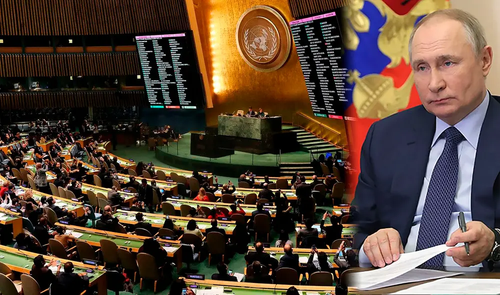 Asamblea General de la ONU votó sobre la suspensión de Rusia del Consejo de Derechos Humanos por la masacre de Bucha. Foto: composición/AFP