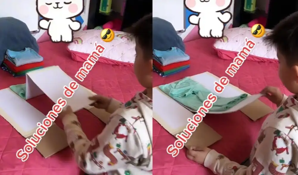 El pequeño pudo practicar varias veces con la plantilla para doblar correctamente la ropa. Foto: captura de TikTok