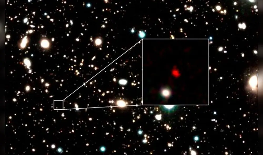 La imagen ampliada muestra a la galaxia HD1, el objeto rojo. Foto: Harikane et al. La imagen ampliada muestra a la galaxia HD1, el objeto rojo. Foto: Harikane et al.