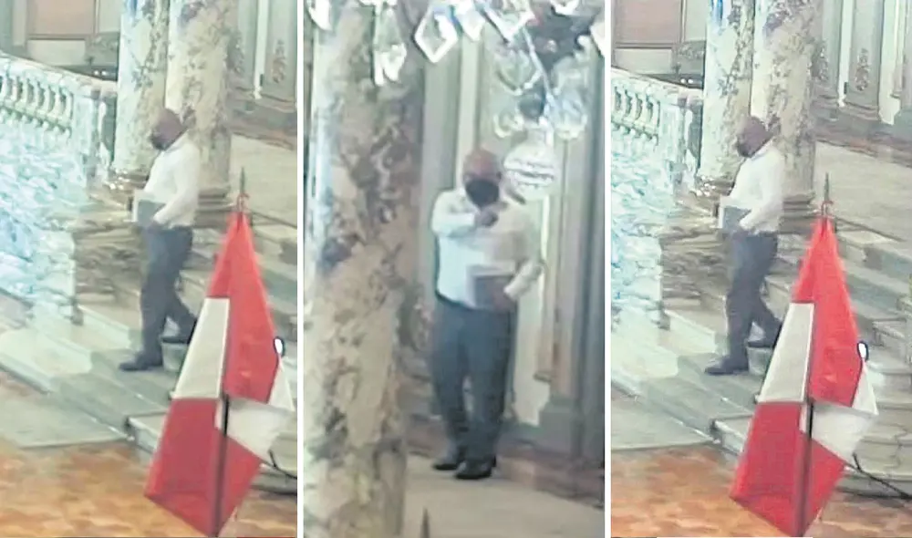 Henry Shimabukuro Guevara en las instalaciones de Palacio de Gobierno trasladando documentos y llamando por teléfono, según imágenes registradas en la última semana. Foto: composición/ La República Henry Shimabukuro Guevara en las instalaciones de Palacio de Gobierno trasladando documentos y llamando por teléfono, según imágenes registradas en la última semana. Foto: composición/ La República