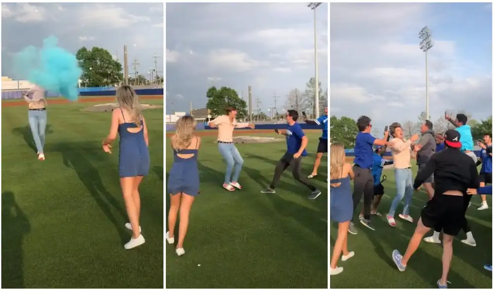 Joven beisbolista se entera que tendrá un hijo y sus amigos se abalanzan para felicitarlo. Foto: captura de TikTok.