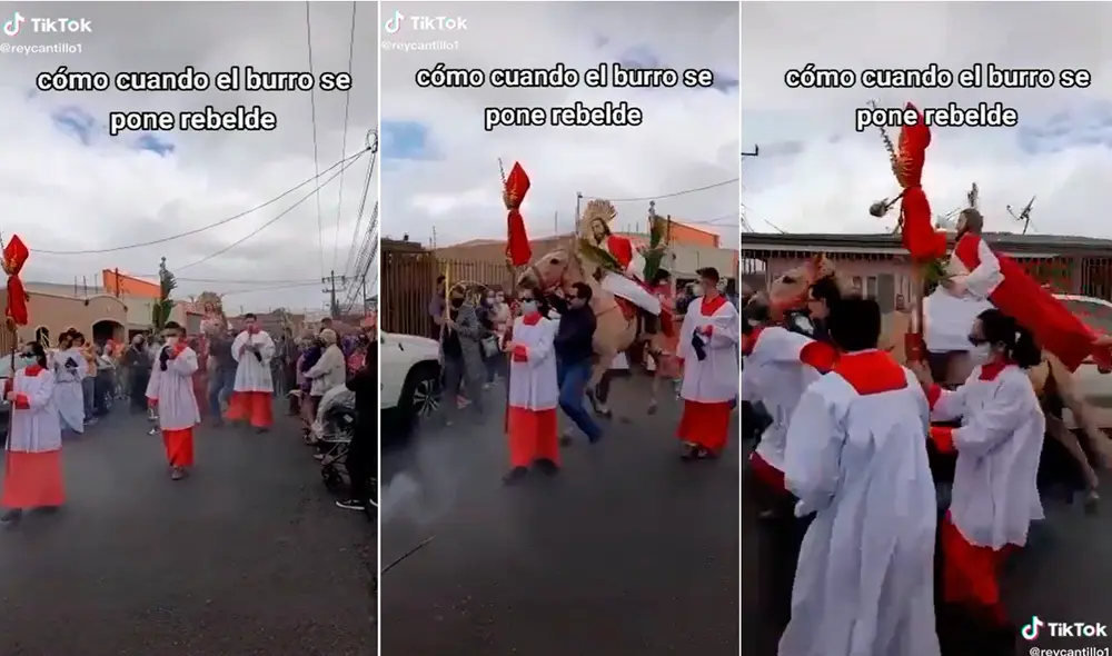 El caballo se puso nervioso con los cohetes y la gran cantidad de gente que comenzó a avanzar rápido con el santo sobre su lomo. Foto: captura de TikTok