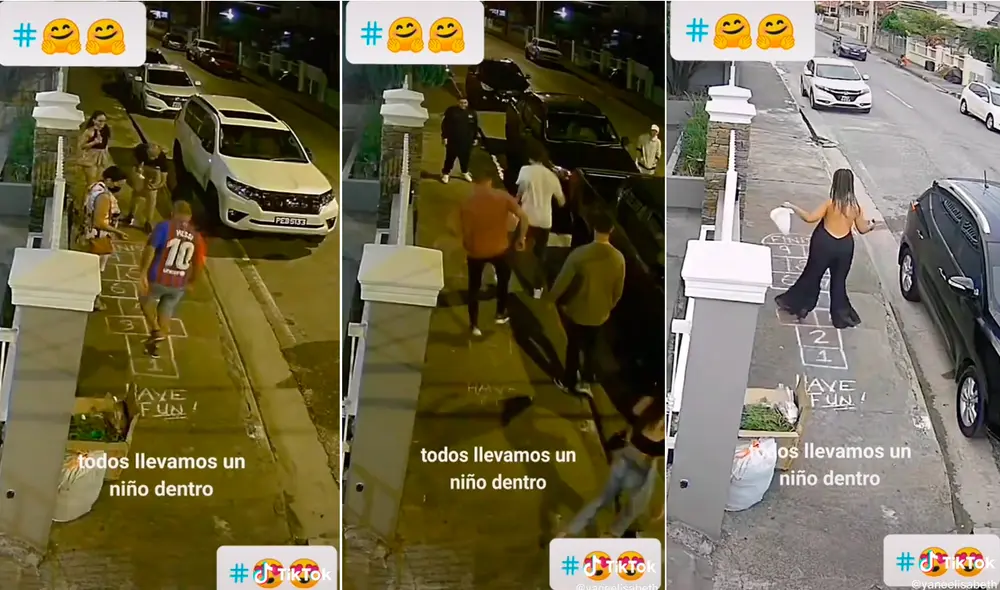 Los transeúntes recordaron su época de niñez y comenzaron a saltar encima del dibujo. Foto: captura de TikTok