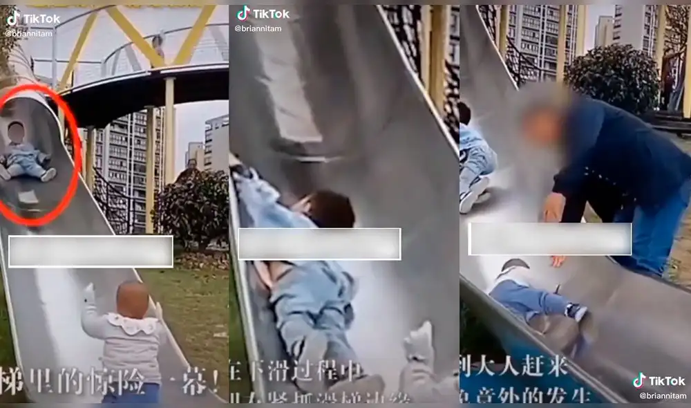 El padre sacando a su bebé de la resbaladera. Foto: captura de TikTok