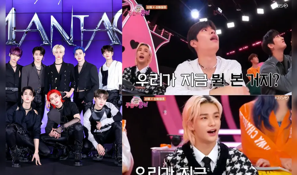 Los chicos de Stray Kids se sorprendieron con fotos de SHINHWA. Foto composición:  JYP Entertainment y captura Twitter.