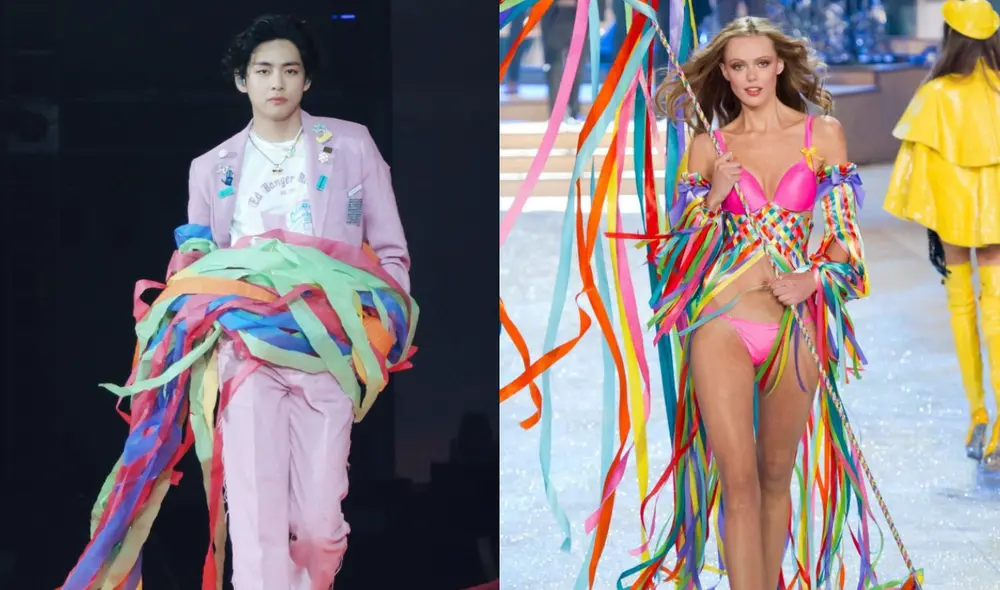 Taehyung de BTS en el día 3 de "PTD Las Vegas". Al costado, el legendario desfile de Frida Gustavsson en 2012 Victoria’s Secret Fashion Show: Calendar Angel. Taehyung de BTS en el día 3 de "PTD Las Vegas". Al costado, el legendario desfile de Frida Gustavsson en 2012 Victoria’s Secret Fashion Show: Calendar Angel.