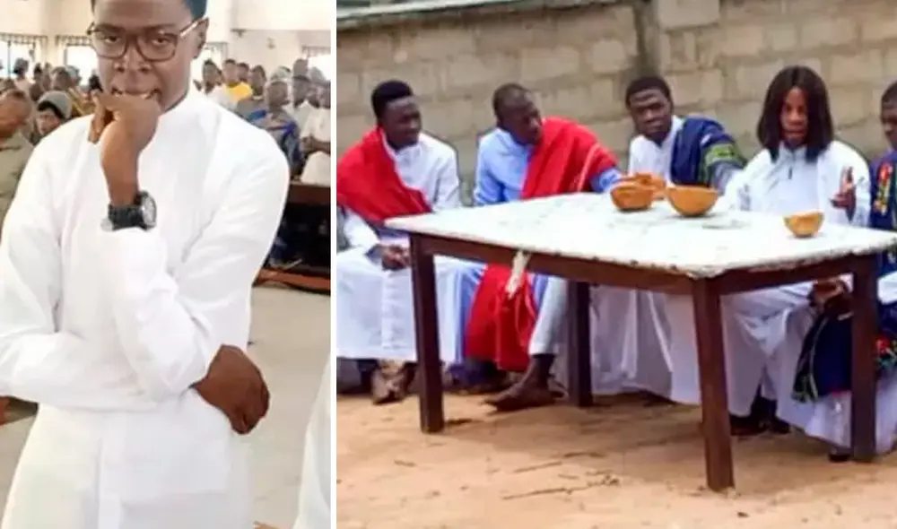 Sule Ambrose, al centro de la mesa, llevaba un manto azul cuando interpretaba a Simón Pedro en la representación de la crucifixión. Foto: BBC Sule Ambrose, al centro de la mesa, llevaba un manto azul cuando interpretaba a Simón Pedro en la representación de la crucifixión. Foto: BBC