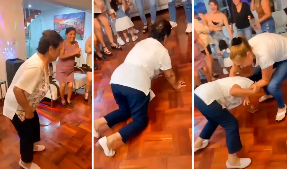 Luego de ceder a la petición de sus familiares para unirse a la fiebre de la cantante brasileña, una anciana tuvo que recibir ayuda para levantarse del suelo. Foto: captura de Facebook