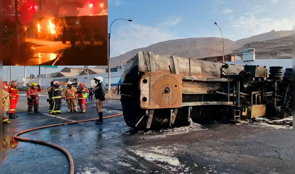 Personal bombero evacuará gasolina que contiene cisterna, antes de retirarla con una grúa. Foto: Deysi Portuguez/ URPI-LR Personal bombero evacuará gasolina que contiene cisterna, antes de retirarla con una grúa. Foto: Deysi Portuguez/ URPI-LR