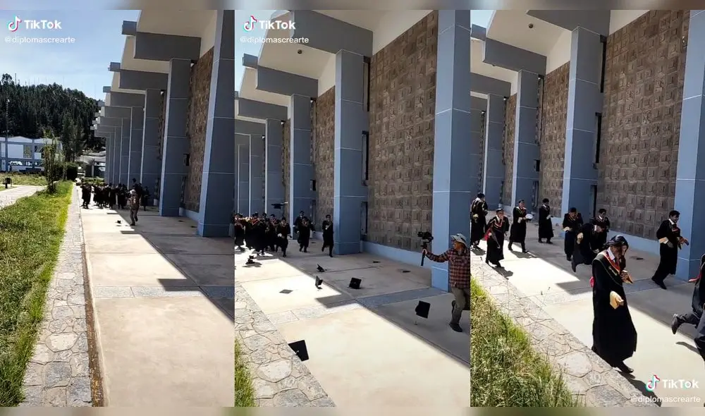 Los escolares lanzando sus birretes al camarógrafo. Foto: captura de TikTok Los escolares lanzando sus birretes al camarógrafo. Foto: captura de TikTok