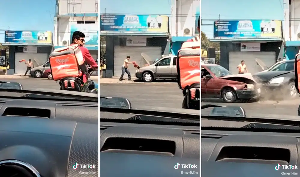 Los conductores miraban cómo un hombre apagaba su auto en llamas y terminaron chocando. Foto: captura de TikTok