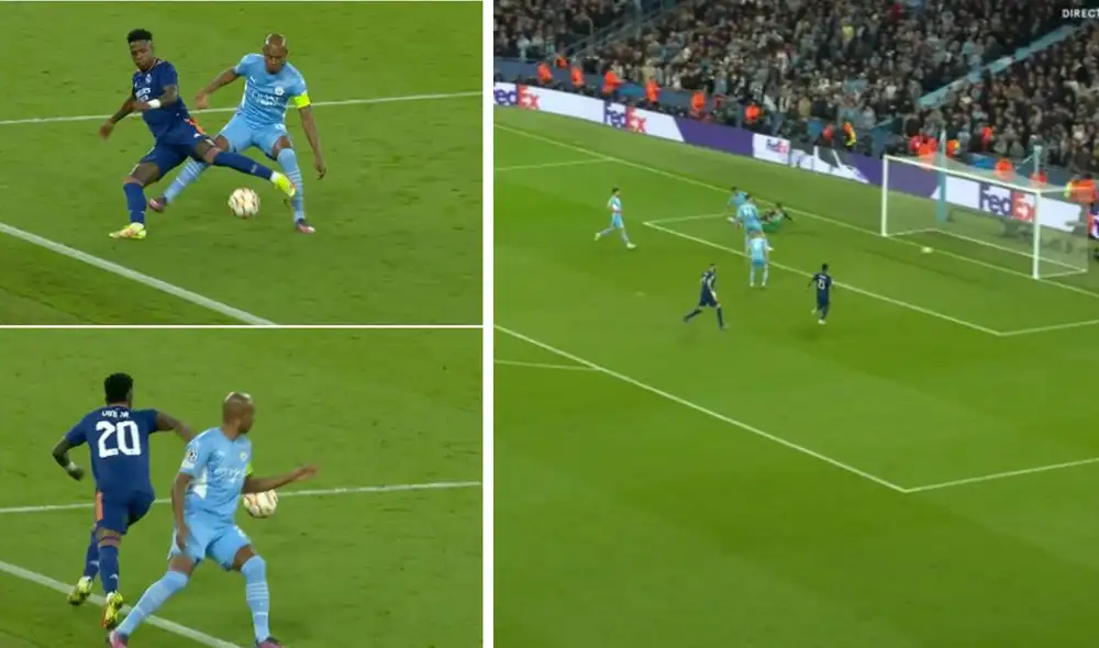 Vinicius dejó en ficha a Fernandinho antes de poner el segundo tanto. Foto: captura/ESPN