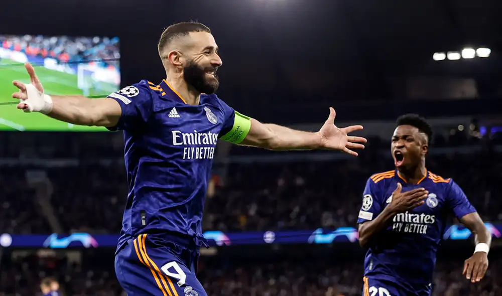 Karim Benzema anotó dos goles en la derrota de Real Madrid sobre el Manchester City por la Champions League. Foto: RealMadrid