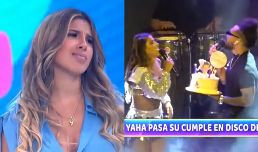 Yahaira Plasencia recibió un pequeño presente en el escenario con alegría, antes del incidente. Foto: composición LR/ captura de ATV