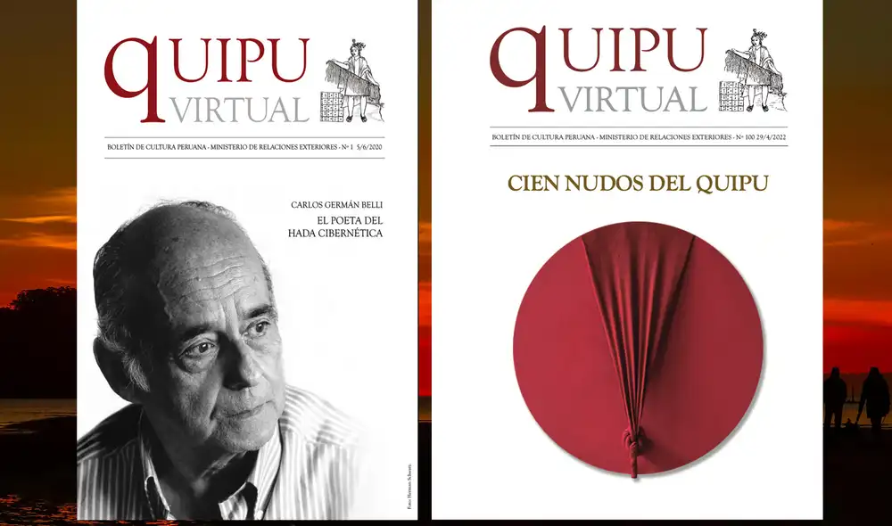 Portadas de la primera edición y de la edición número cien de la publicación de "Quipu Virtual, boletín de la Cancillería.