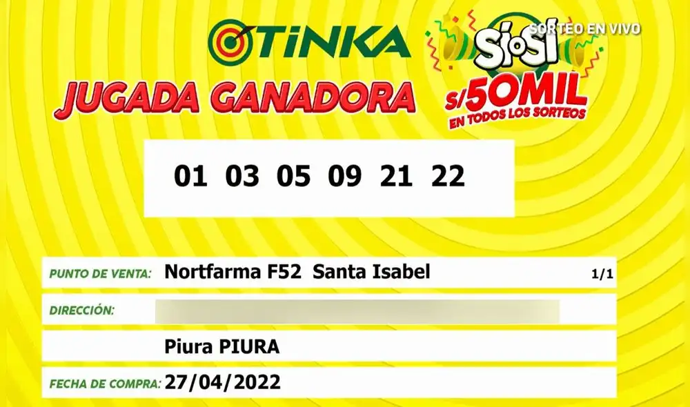 Así quedó la jugada ganadora del miércoles 27 de abril. Foto: La Tinka Así quedó la jugada ganadora del miércoles 27 de abril. Foto: La Tinka