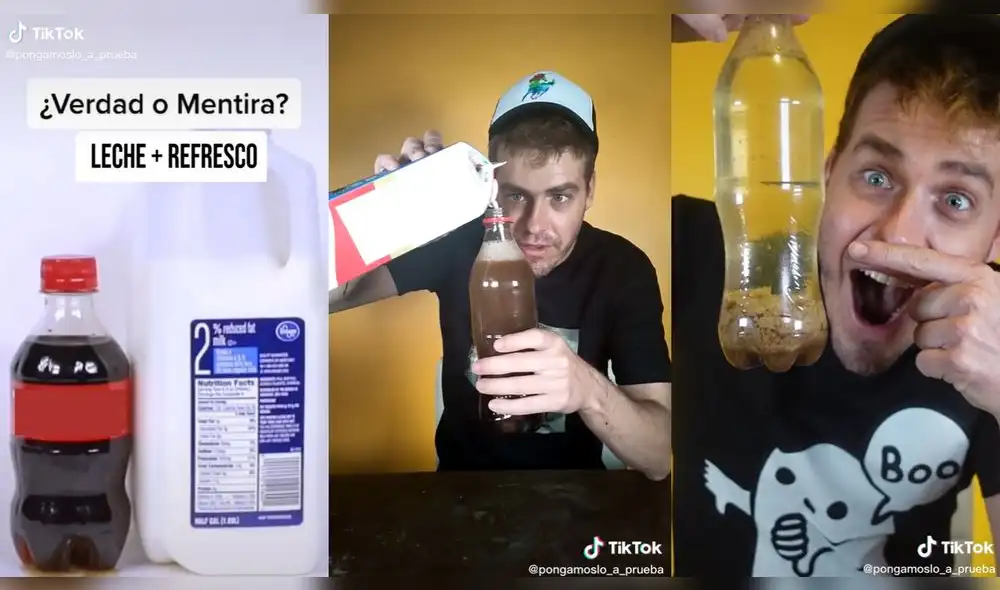 Jimmy Álvarez comprobando el experimento de la leche y gaseosa. Foto: captura de TikTok
