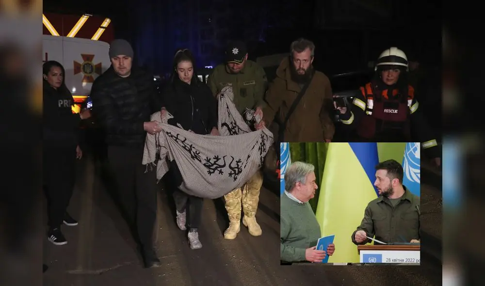 Varias personas cargan con el cuerpo sin vida de un perro en el lugar de un ataque con misiles al centro de Kiev ocurrido este jueves 28 de abril. Foto: composición LR/EFE Varias personas cargan con el cuerpo sin vida de un perro en el lugar de un ataque con misiles al centro de Kiev ocurrido este jueves 28 de abril. Foto: composición LR/EFE