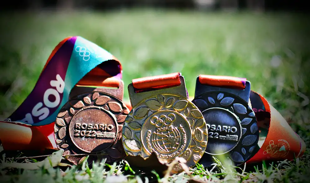 Las medallas oficiales de los Juegos Suramericanos de la Juventud. Foto: Rosario 2022 Las medallas oficiales de los Juegos Suramericanos de la Juventud. Foto: Rosario 2022