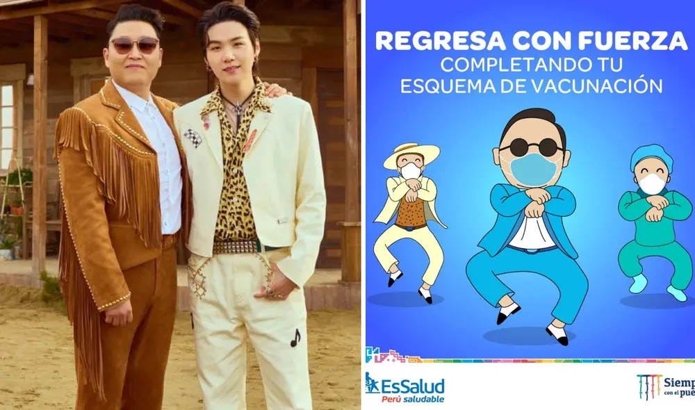 EsSalud sorprendió a los fans del k-pop con campaña de vacunación inspirada en "That that" de PSY y Suga, de BTS. Foto: composición La República / Instagram @42psy42 / EsSalud