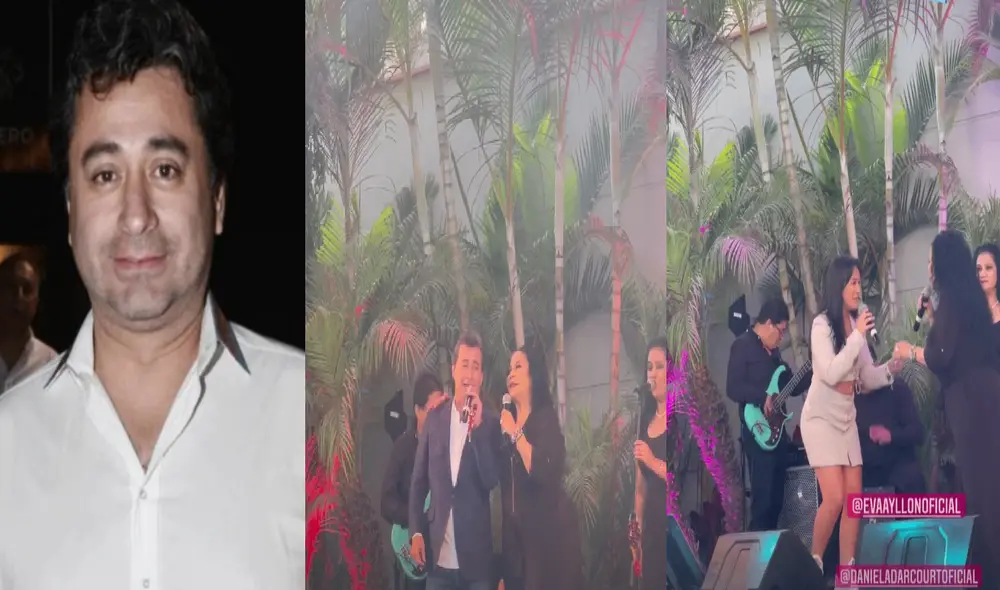 Alfredo Zambrano, Eva Ayllón y Daniela Darcourt derrocharon talento en los 50 años del notario. Foto: Magaly Medina/Instagram