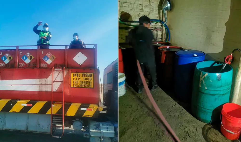 El combustible fue hallado en cilindros, tapados con plástico azul. Foto: PNP El combustible fue hallado en cilindros, tapados con plástico azul. Foto: PNP