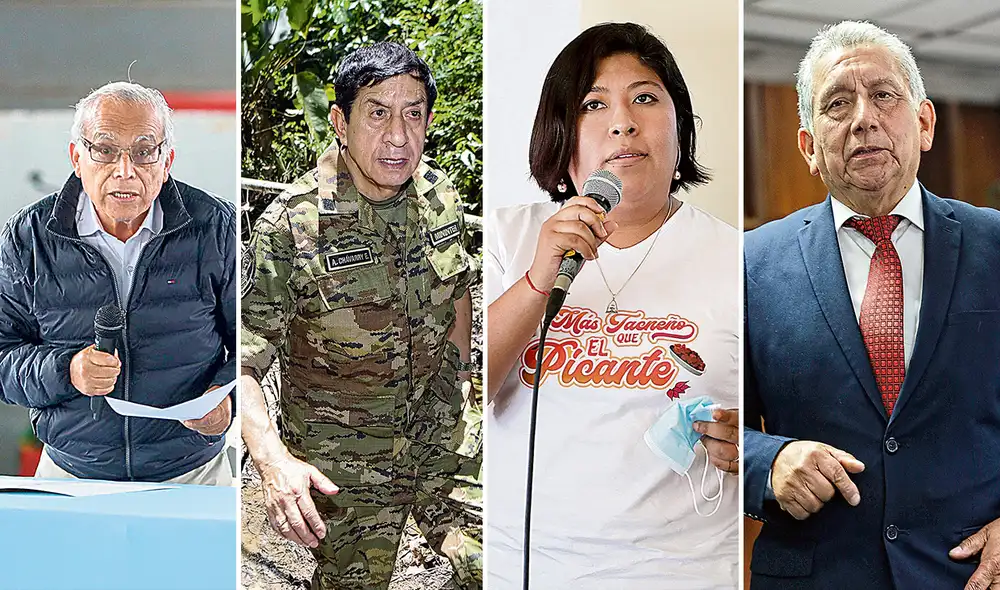 En la mira. Aníbal Torres y sus ministros Alfonso Chávarry, Betssy Chávez y Carlos Palacios deberán dar explicaciones a parlamentarios que, luego, podrían disponer sus censuras. Foto: composición/La República