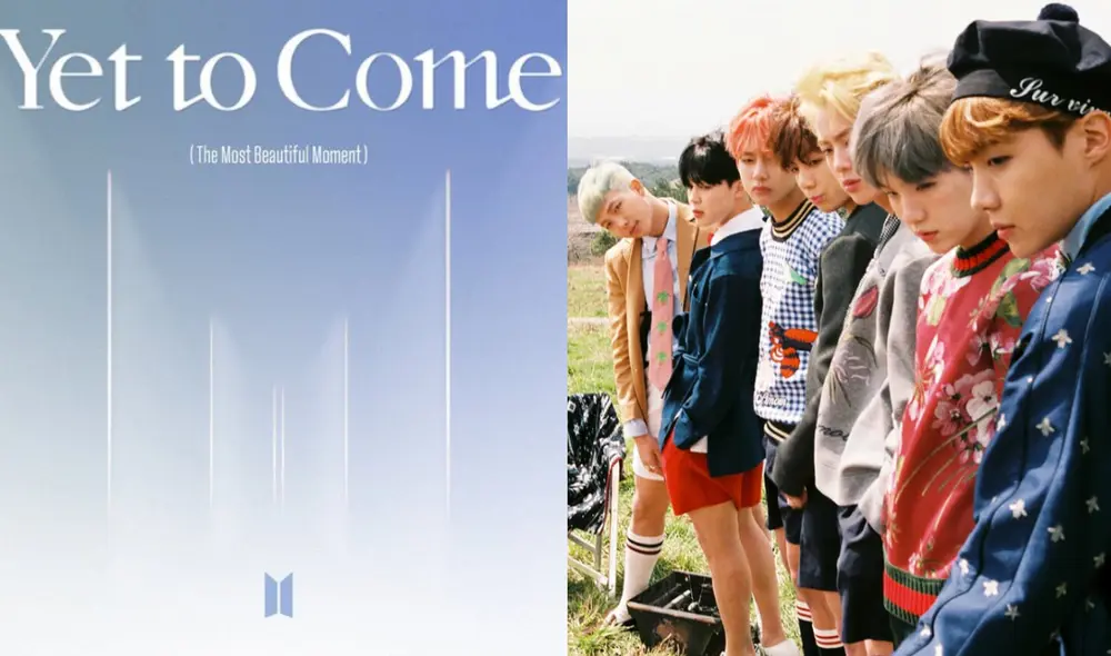 Carátula de "Yet to come", single lead del nuevo álbum de BTS, "Proof", y una imagen de Bangtan en la era "Forever young", que cerró el HYYH parte 2. Foto: composición La República/Hybe