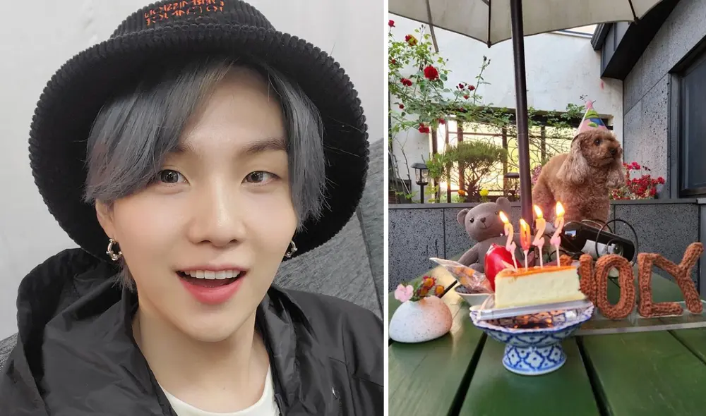 Min Yoongi (Suga de BTS) sorprendió a sus seguidores con una fotografía del cumpleaños de su mascota Holly (Holy). Foto: composición La República / Weverse / Instagram @agustd