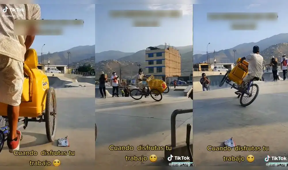 El heladero mantuvo el equilibrio de su carrito por unos segundos. Foto: captura de TikTok El heladero mantuvo el equilibrio de su carrito por unos segundos. Foto: captura de TikTok