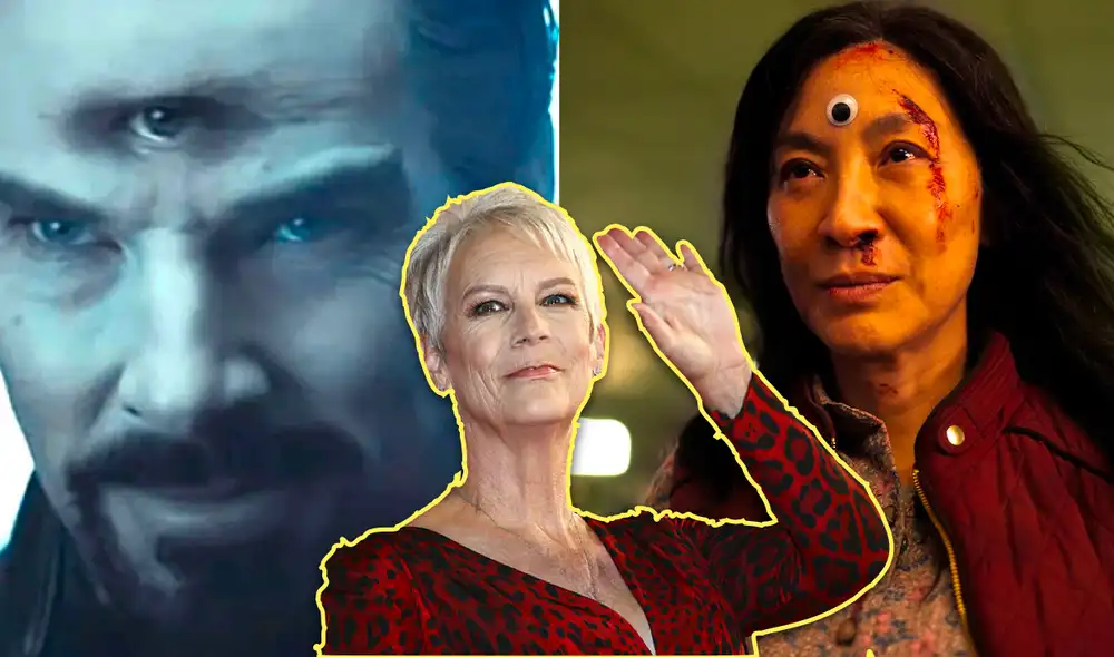 Según Jamie Lee Curtis, el póster de "Doctor Strange 2" sería una copia del afiche de "Everything everywhere all at once". Foto: referencial/ composición/Marvel/difusión