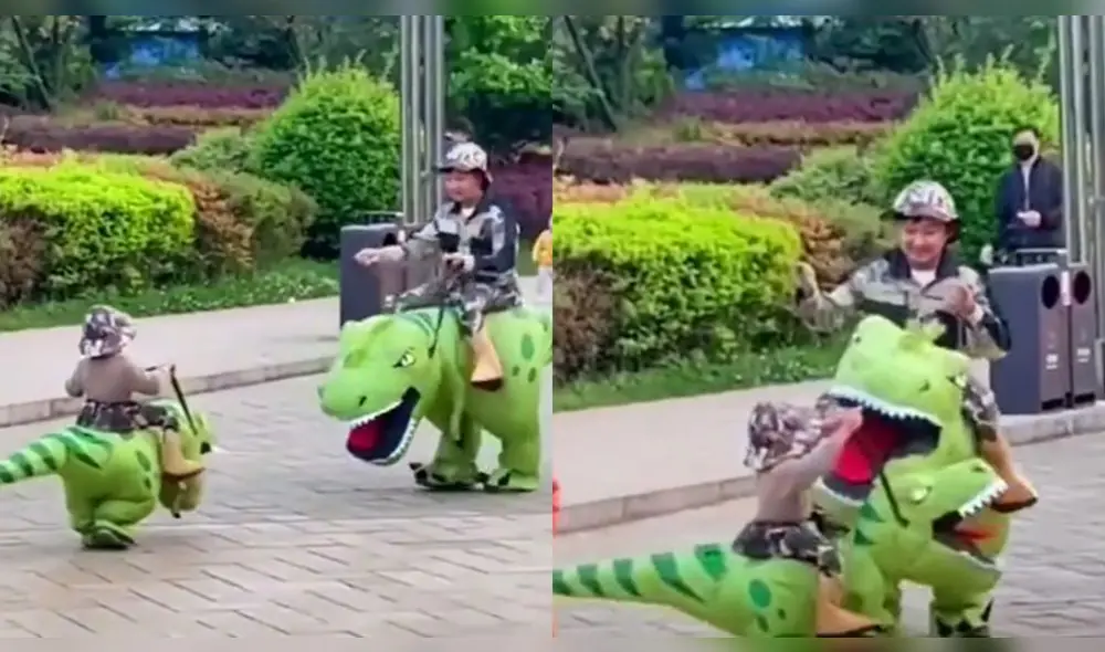 Ambos se divirtieron simulando una pelea entre dinosaurios. Foto: captura de TikTok Ambos se divirtieron simulando una pelea entre dinosaurios. Foto: captura de TikTok